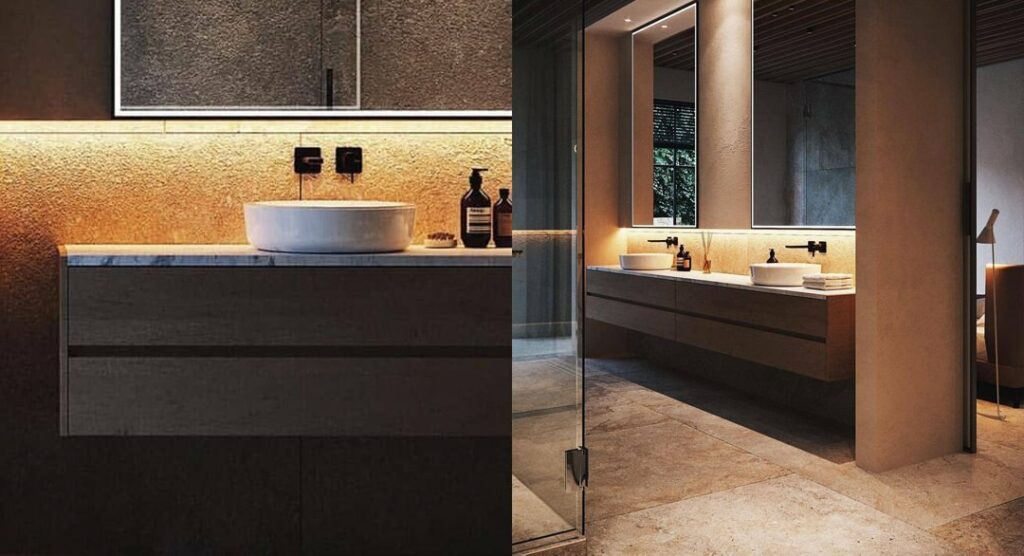 Moderne badkamer met LED verlichting voor watt en lumen omrekening demonstratie