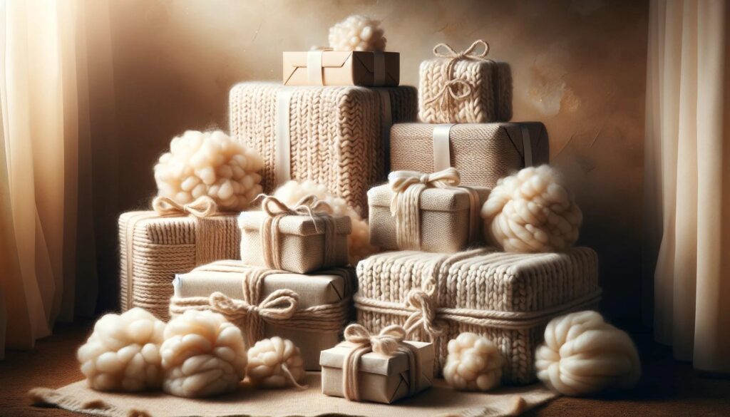 Wol voor de feestdagen: Verschillende in wol verpakte geschenken die een gezellige feestelijke sfeer uitstralen met warmte en