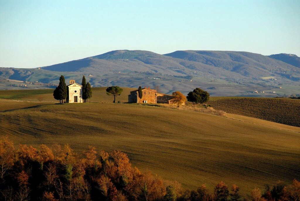 Uitzicht op groene heuvels van een vakantiehuis in Toscane met wijngaarden in de omgeving